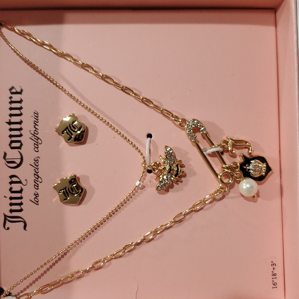 Juicy Couture 3pc gold plated 2 charm necklace and JC monogram earrings set
